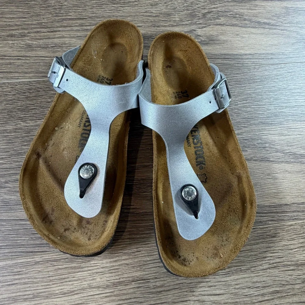 Birkenstock Gizeh Silver Metallic Birko-Flor Thong Sandals Womens 37 L6 M4